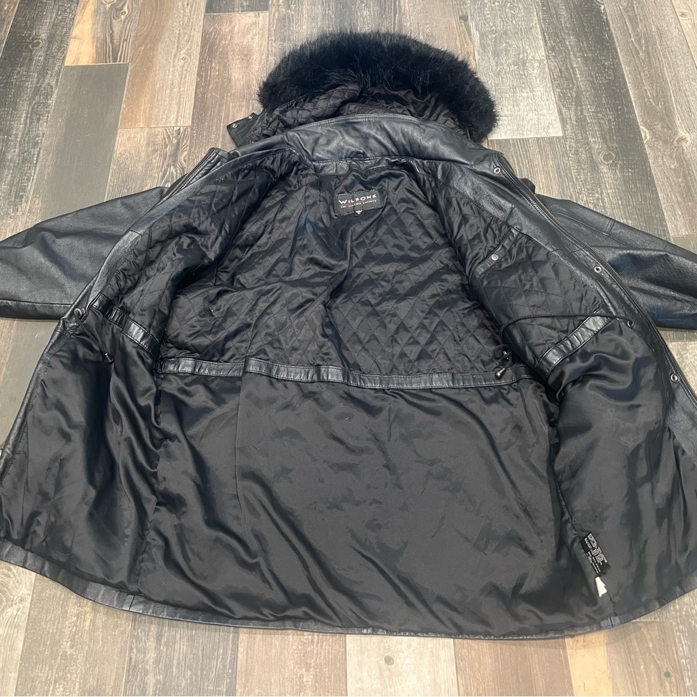 Vintage Wilsons Leather Long XL Black Faux Fur Trim Hooded Womens Coat 90’s - Picture 9 of 11